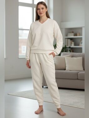 Lands’ End Women’s Quilted Lounge Set XL Cream 2-Piece Pullover & Pants NWT